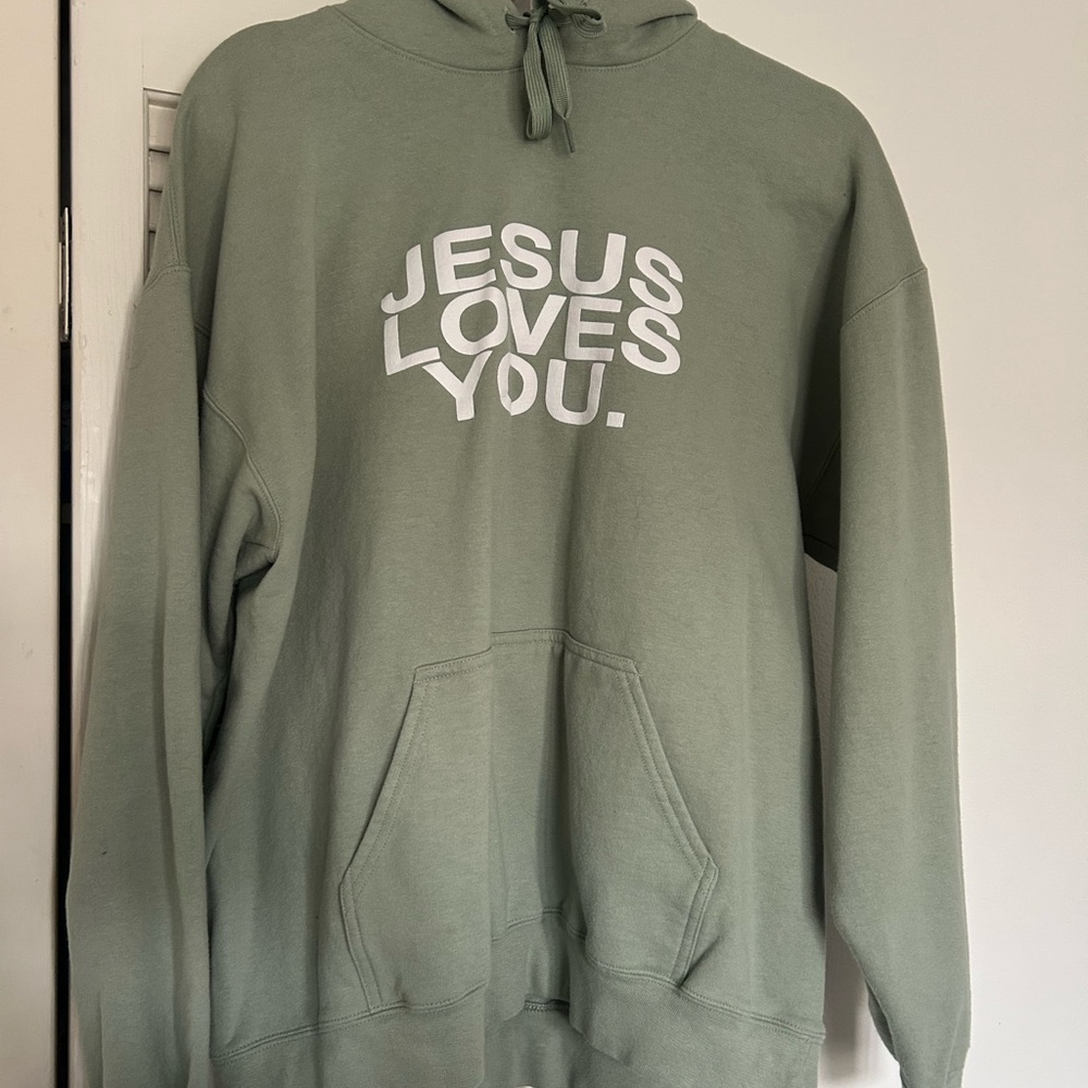 Olive Green Hoodie with 'Jesus Loves You' Design
